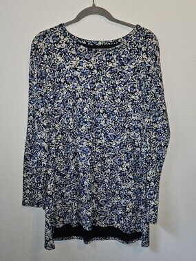 J Jill Crew-Neck Tunic Supima Cotton Large Tall Blue Floral Design